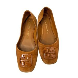 Tory Burch Brown Suede Loafers with Logo Accent